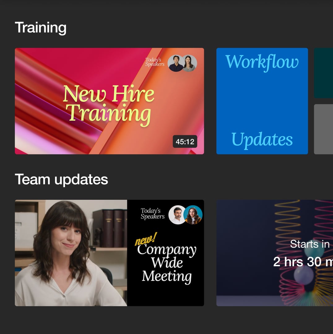 Video communications options that include training videos and team update videos