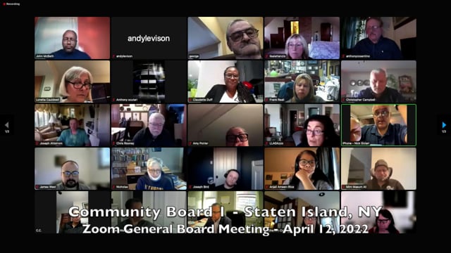 Community Board 1, Staten Island, NY - Zoom General Board Meeting, April 12, 2022