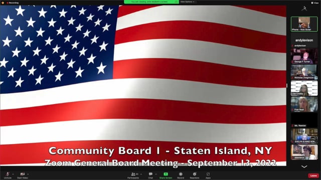 Community Board 1, Staten Island, Zoom General Board Meeting - Sept. 13, 2022