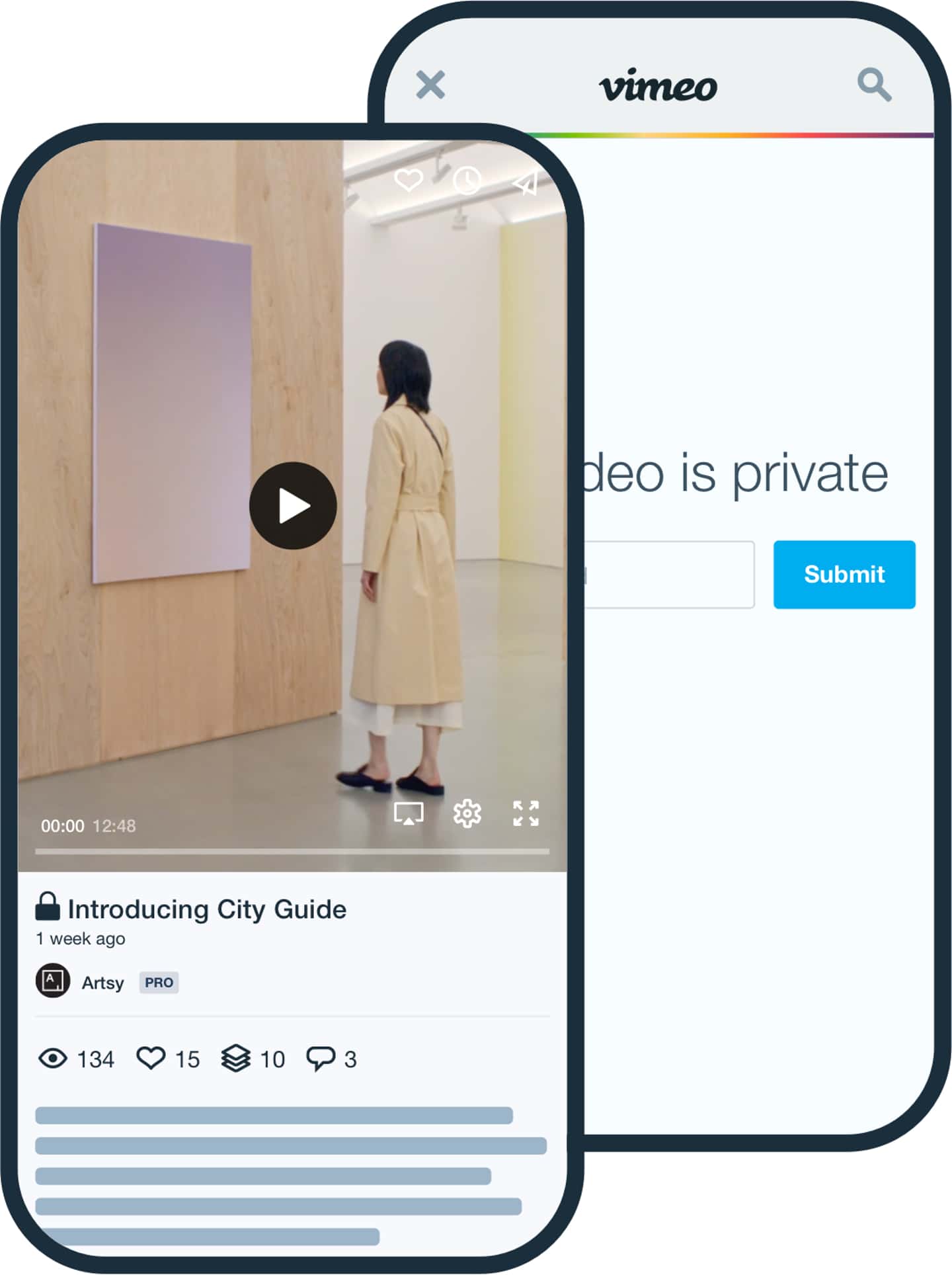 Mobile video example with secure icon on Vimeo feed and Private link sharing password protected example