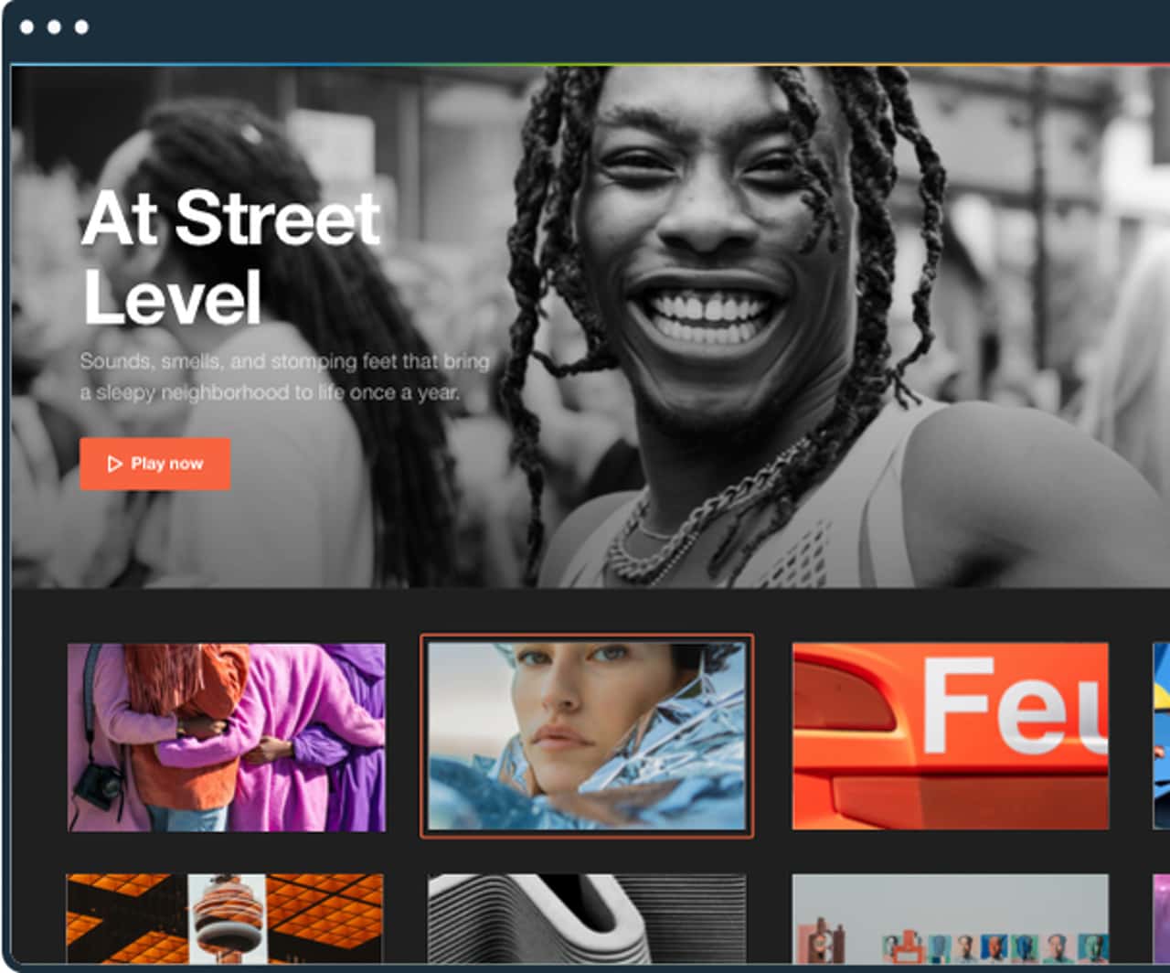 Video Showcase interface with multiple video frames displayed