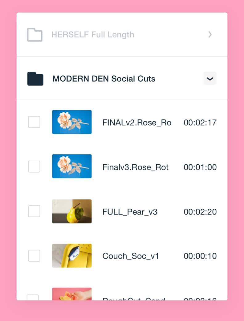 Video storage interface listed by file name and video length