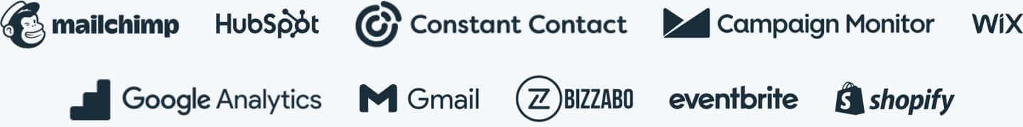MailChimp, HubSpot, ConstantContact, Campaign Monitor, Wix, Google Analytics, Gmail, Bizzabo, Eventbrite, and Shopify logos