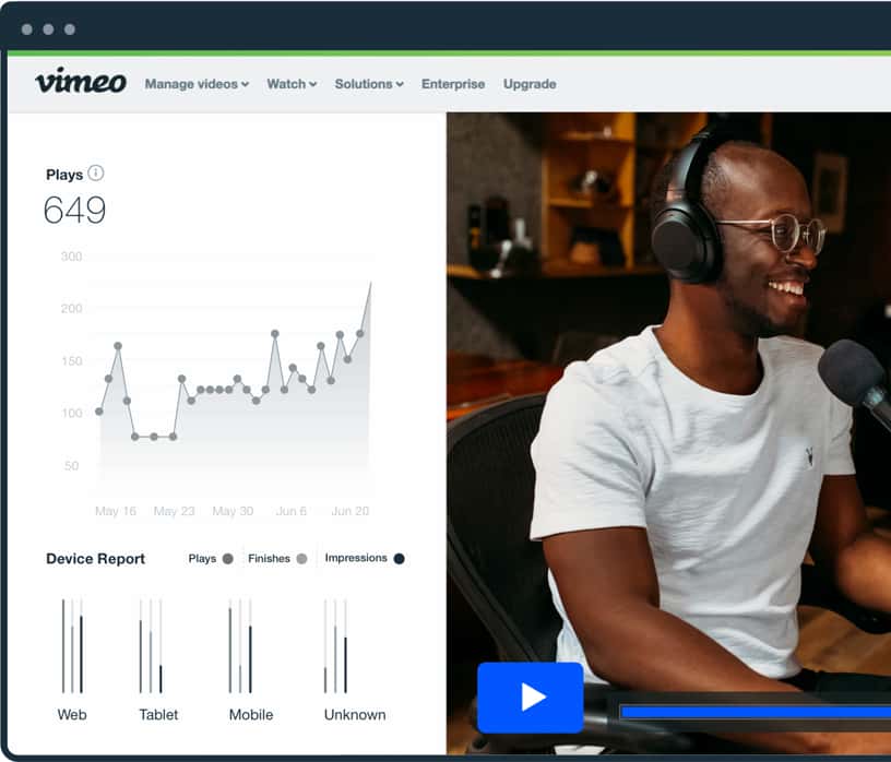 Video analytics interface and man laughing with headset on