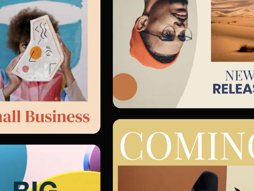 Una plantilla de Vimeo Create destaca los nuevos lanzamientos, los artículos que habrá "próximamente" y los anuncios de video para pequeñas empresas.