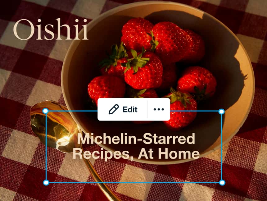 bright red strawberries farmed in a bowl, farmed by the brand Oishii. Text reads “Michelin-Starred Recipes, At Home.“