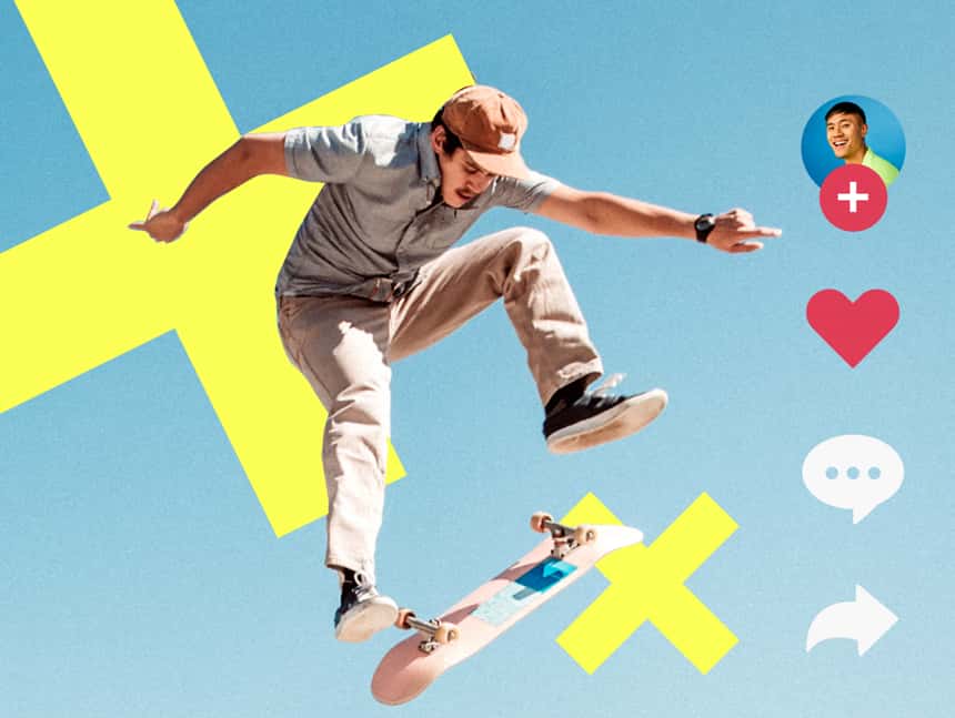 スケートボーダーが空を飛んでいます。2つの明るい黄色の「x's」が、右側のソーシャルメディアのアイコンと共に背景を埋めています。