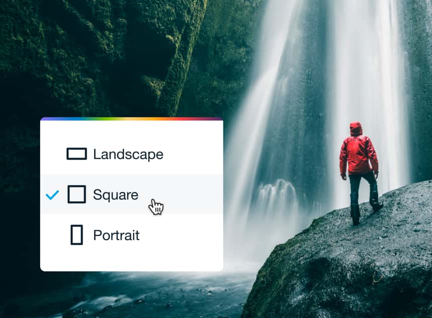 hiker stands against backdrop of a waterfall. A computer mouse hovers over landscape, square, and portrait video ratios for editing.