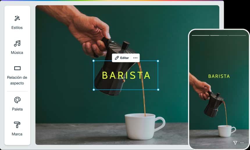 El editor de Vimeo Create en un equipo de escritorio y en un móvil. El texto en pantalla dice: "barista" y una mano vierte café en una taza blanca.