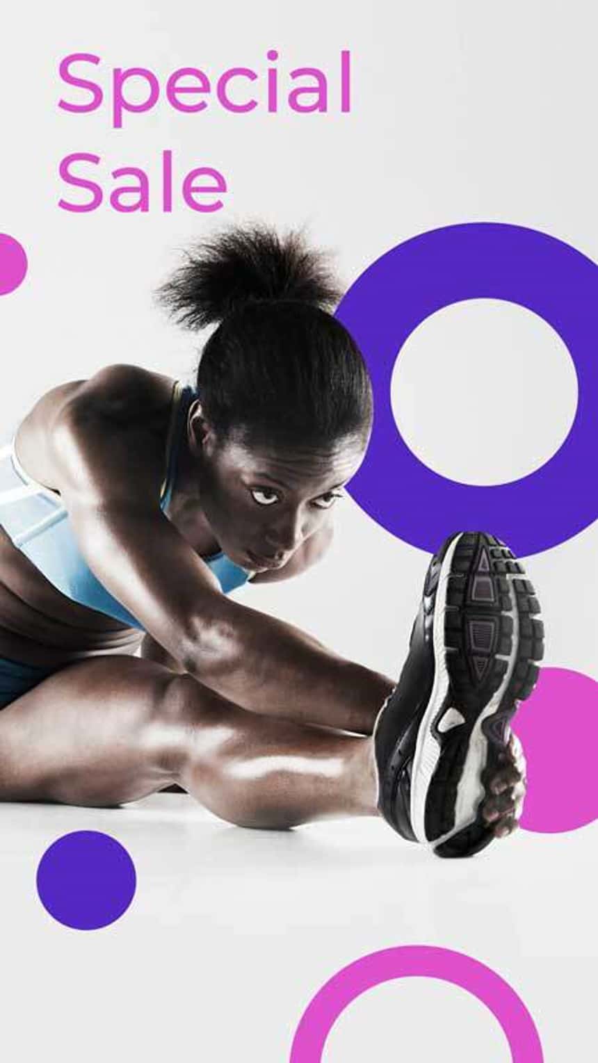 Promo video advertising a sale featuring image of a woman stretching in athletic gear. Text on the image reads 
