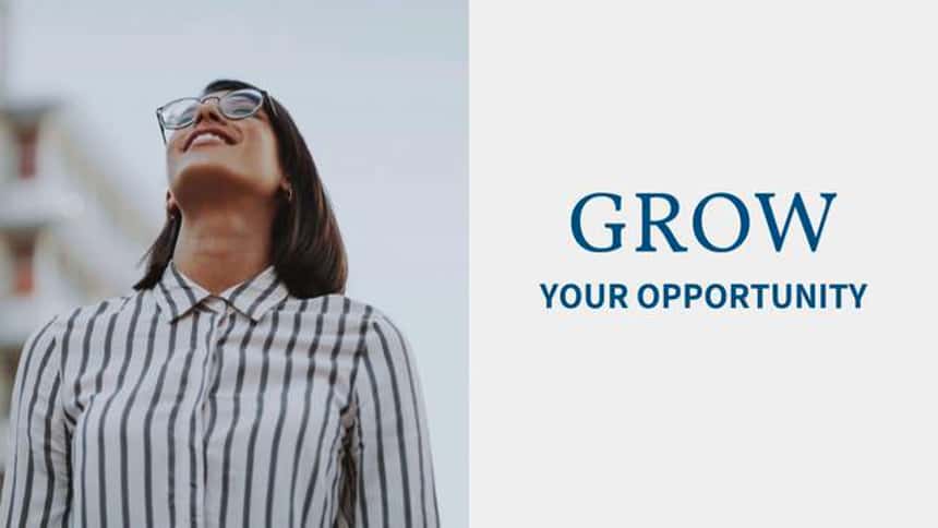 Lehrvideo-Vorlage für eine Online-Universität. Eine Frau blickt in die Ferne. Der Text auf dem Bild lautet: „Grow your opportunity.“