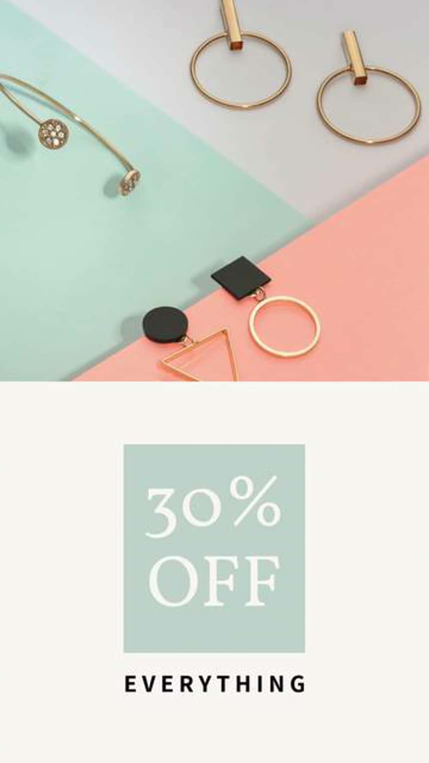 Facebook video ad template advertising a sale. The image shows various jewelry against a flat lay, and text reads \
