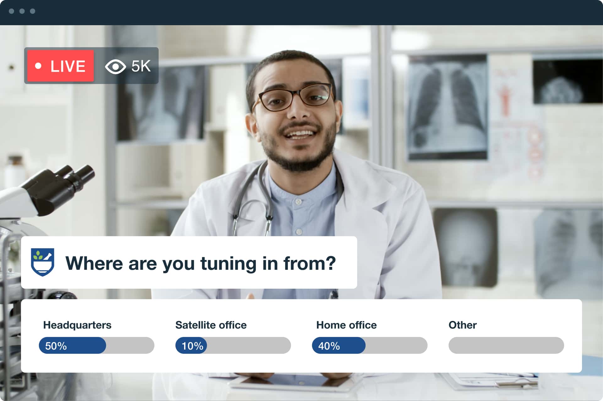 Man in a lab coat with a microscope talks to an audience via live stream while a live poll at the bottom of screen asks where viewers are tuning in from