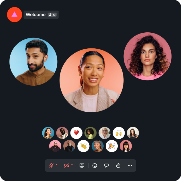 Vimeo virtual venues platform with three main speakers who have large profile picture bubbles and an audience of smaller profile pictures below showing the attendees.