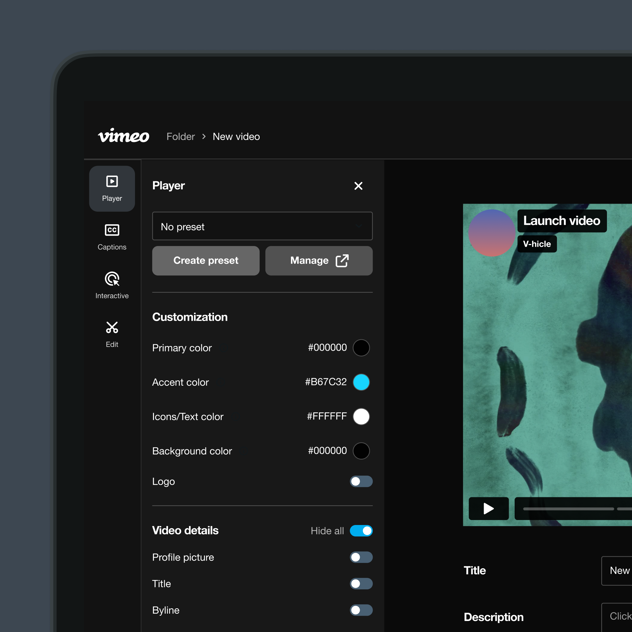 Vimeo online video player showing player settings and controls that include volume, speed, progress bar, subtitles, and play button position.