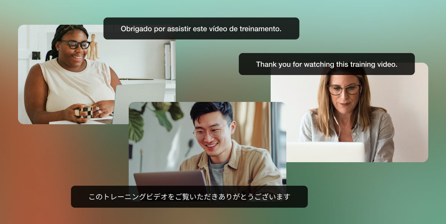 Collage of three employees across the globe watching training in different languages