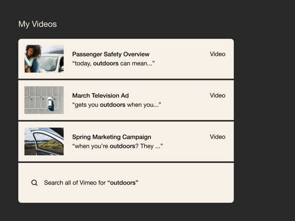 Vimeo video library showing three videos