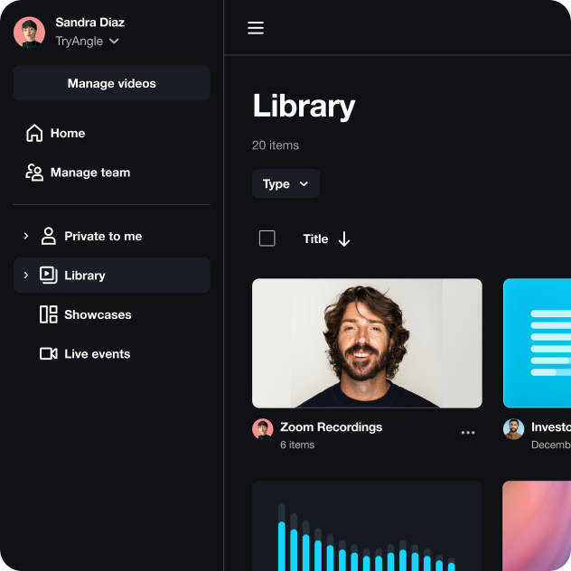 Vimeo video library with privacy settings, team settings, and categorized folders that include Zoom recordings and other files.