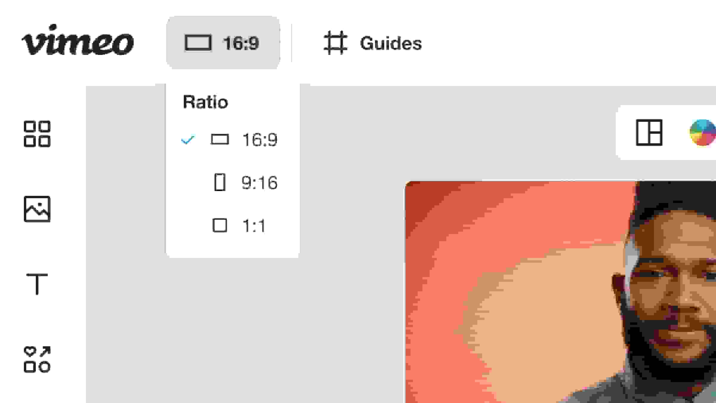 Größenänderung eines Videos von einem Mann auf Vimeo durch Auswahl verschiedener Seitenverhältnisse.