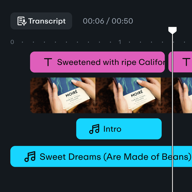 Editor de vídeo baseado em texto do Vimeo adicionando uma música de introdução ao clipe de vídeo chamado Sweet Dreams (Are Made of Beans).
