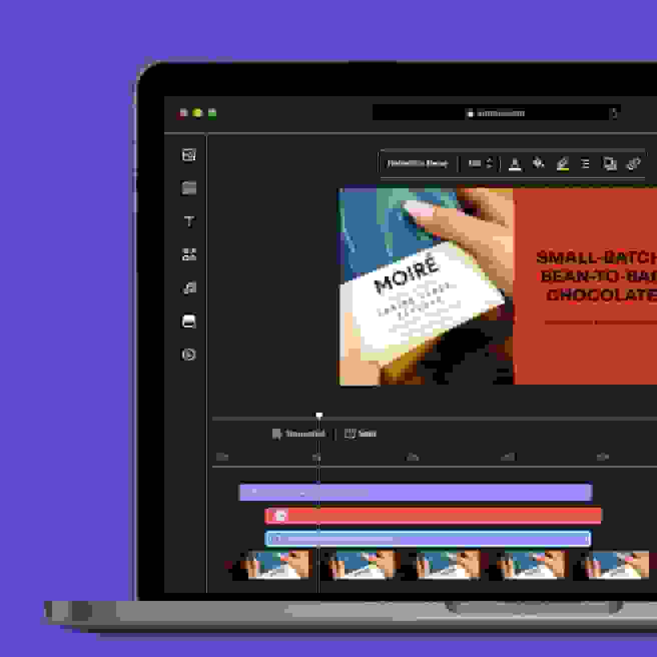 Vimeo online video editor screenshot that shows text-based video editing for a chocolate brand