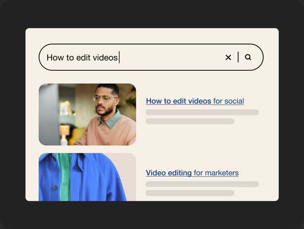 Typing the phrase how to edit videos into a search bar with a page showing video editing tutorials