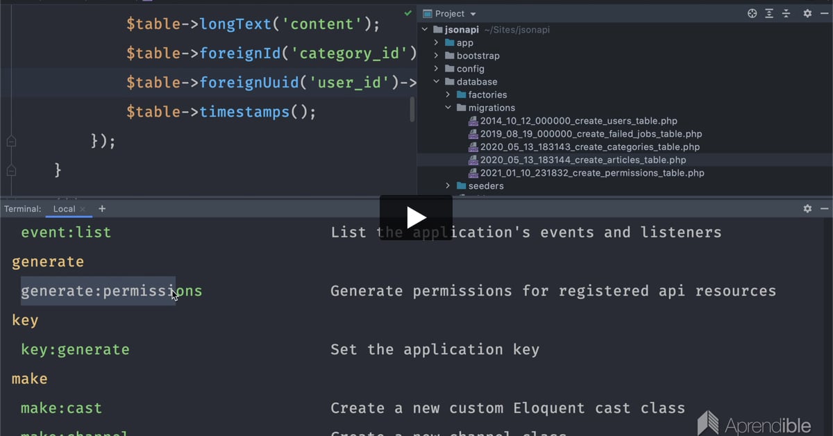44. Comando de artisan para generar los permisos de cada recurso API
