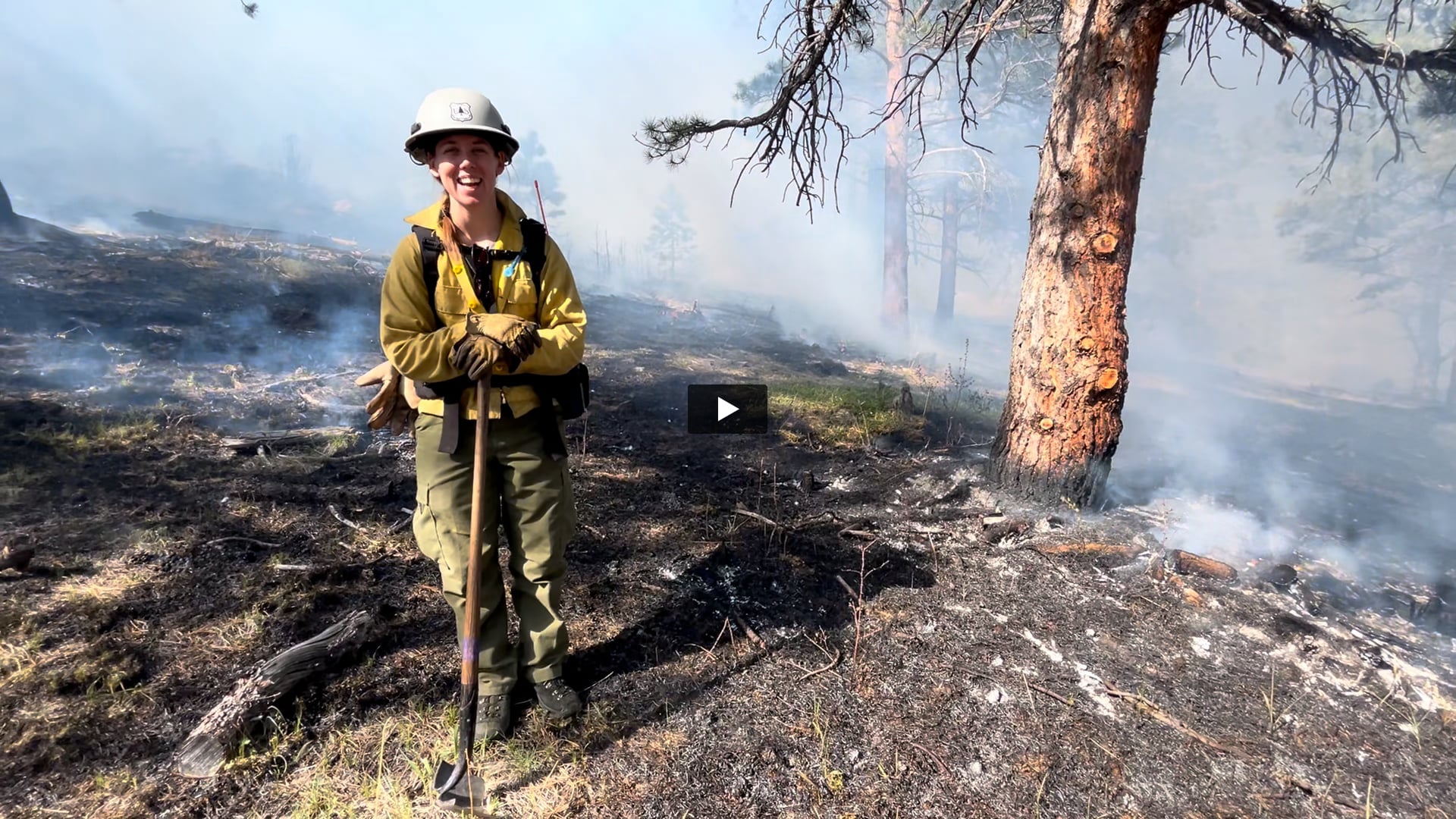 worker in a prescribed burn area. Links to video with additional information from Forsythe II and how prescribed fire moves through a landscape