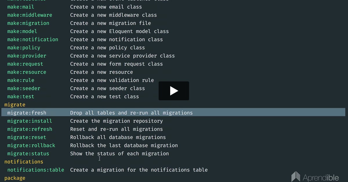 9. Comando migrate fresh