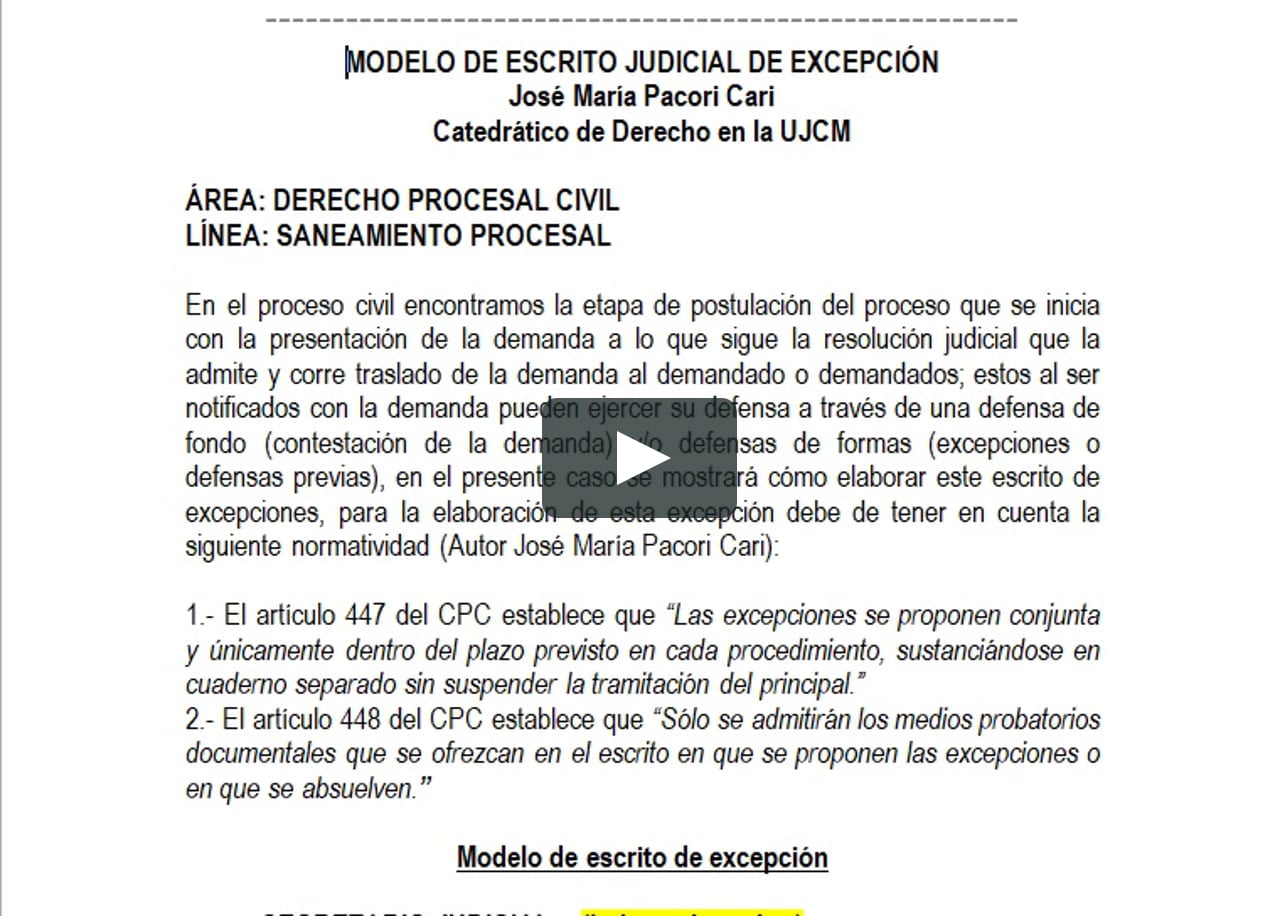 MODELO DE ESCRITO DE EXCEPCIÓN EN PROCESO CIVIL - AUTOR JOSÉ MARÍA PACORI  CARI on Vimeo