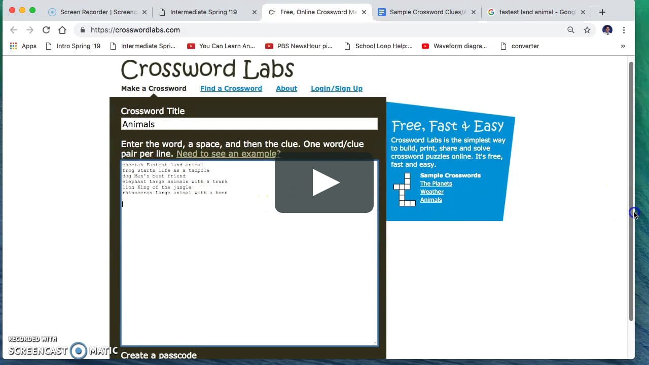 Create a Sample Puzzle at Crossword Labs and Solve It