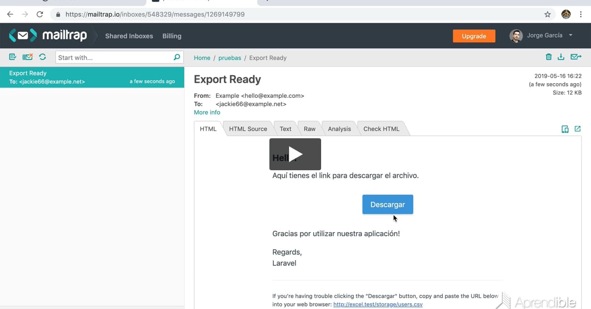 6. Notificar al usuario que su exportación finalizó