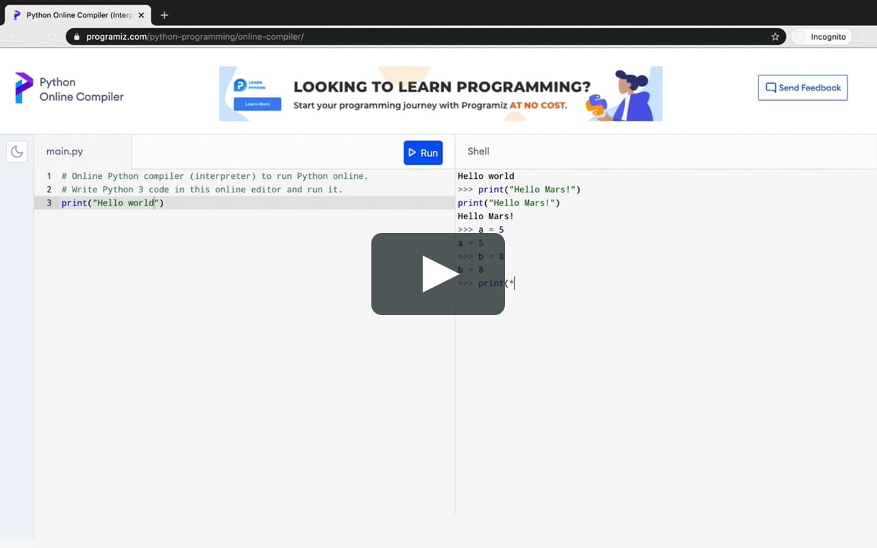 Online Python Compiler Programiz On Vimeo