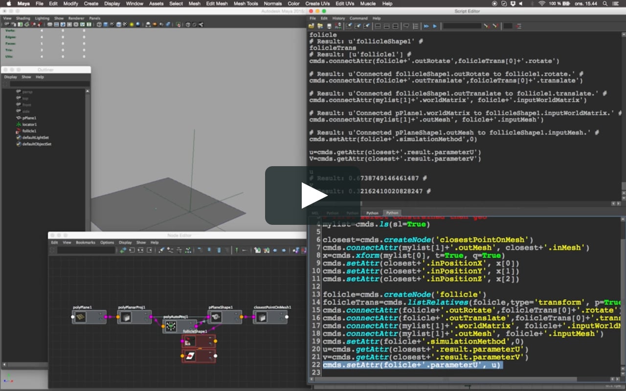 Maya Python Tool Scripting Tutorial - follicle constraint on Vimeo