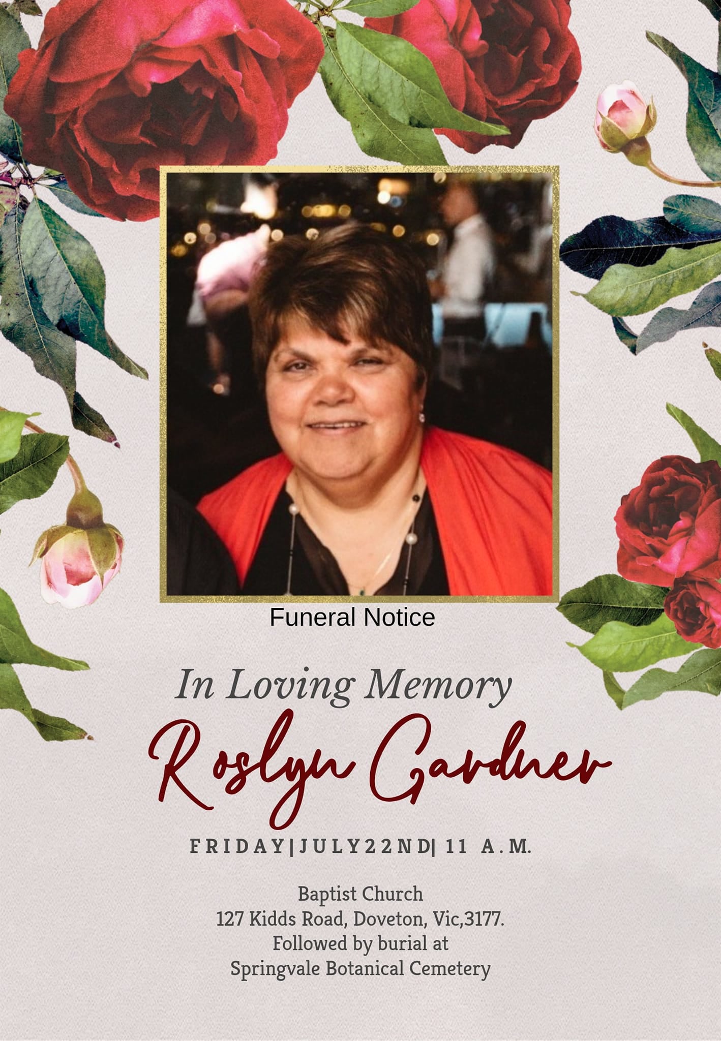 Roslyn Gardner Funeral Service and Burial