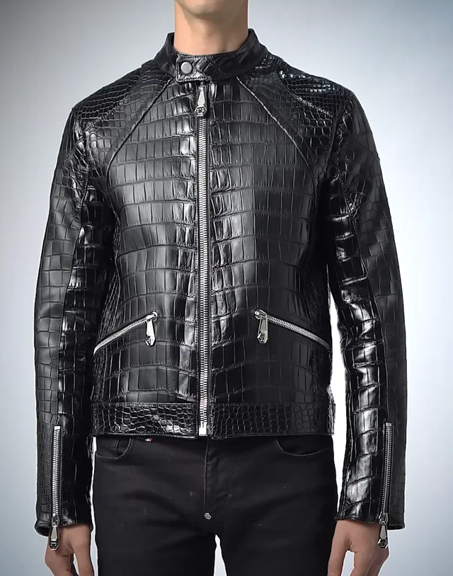 Men's luxury jacket - Philipp Plein biker jacket in crocodile-embossed  brown leather