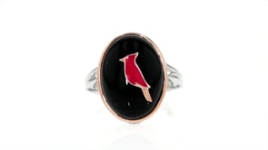 Black Agate and Red Enamel Cardinal Ring in Two-Tone Sterling Silver