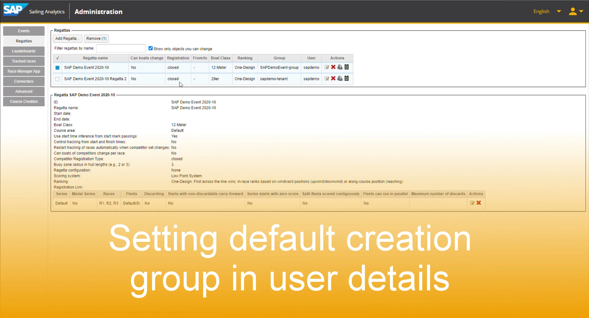 Setting a default creation group in user details with the SAP Sailing Analytics
