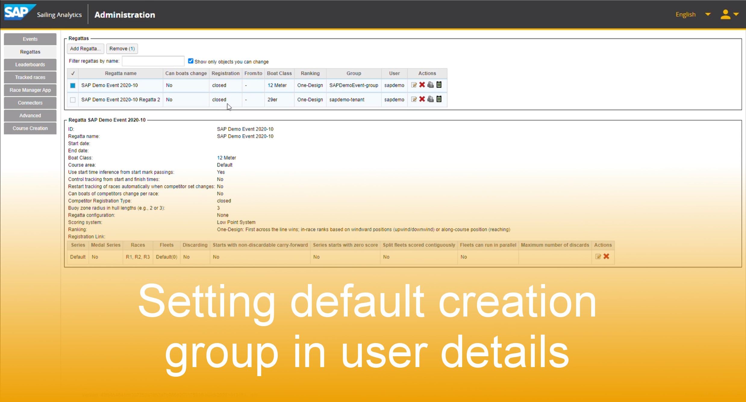 Setting a default creation group in user details with the SAP Sailing Analytics