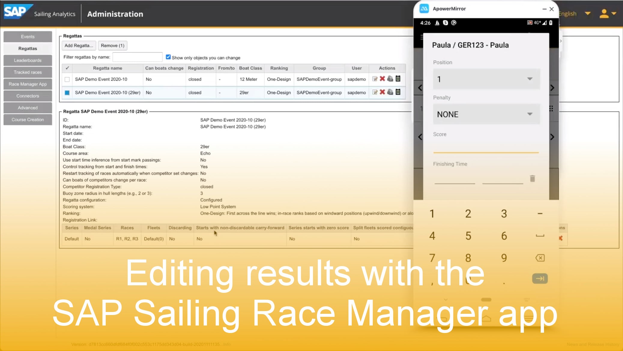 Editing results with the SAP Sailing Race Manager app