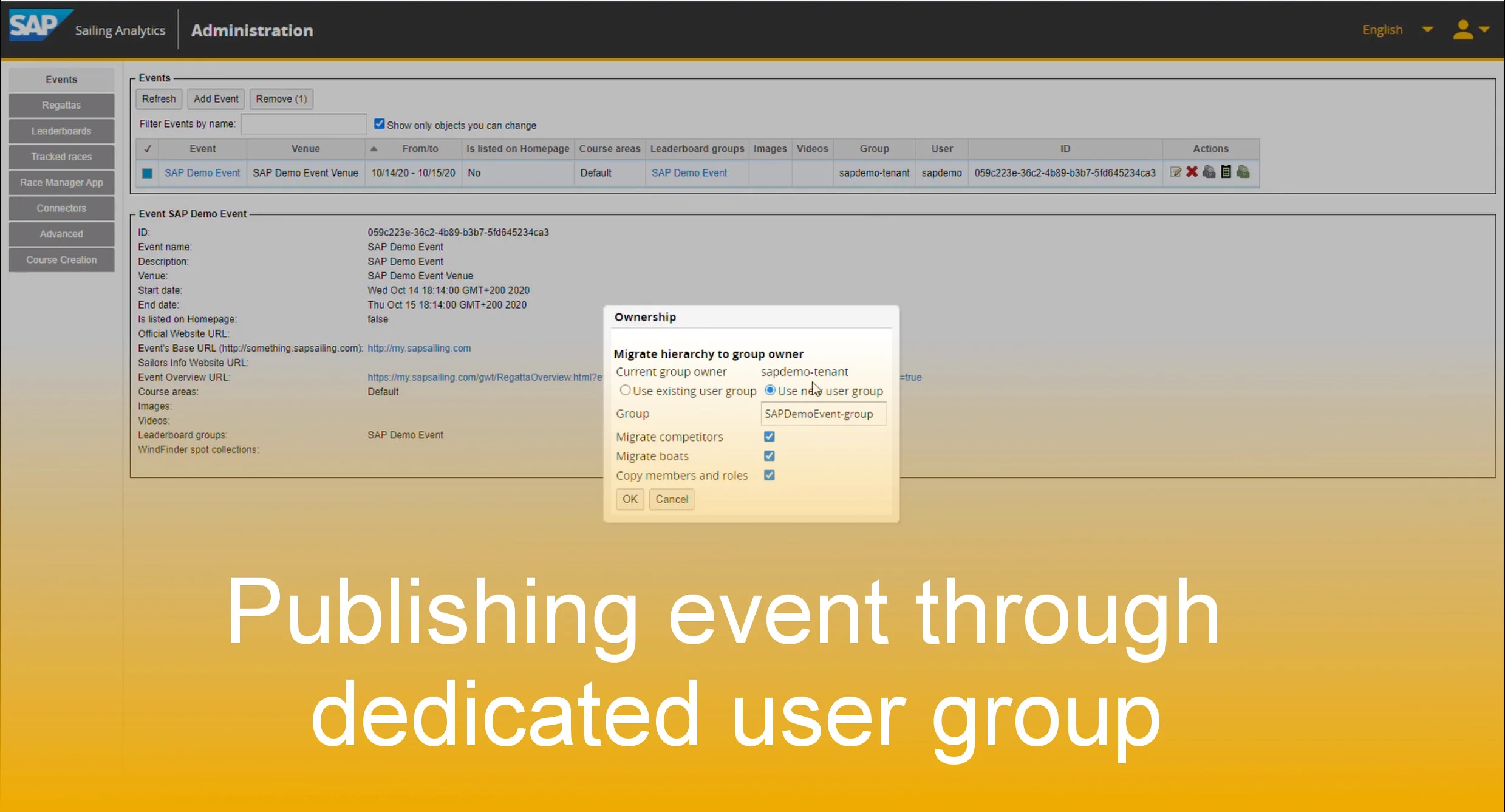 Publish an event through a dedicated user group in the SAP Sailing Analytics