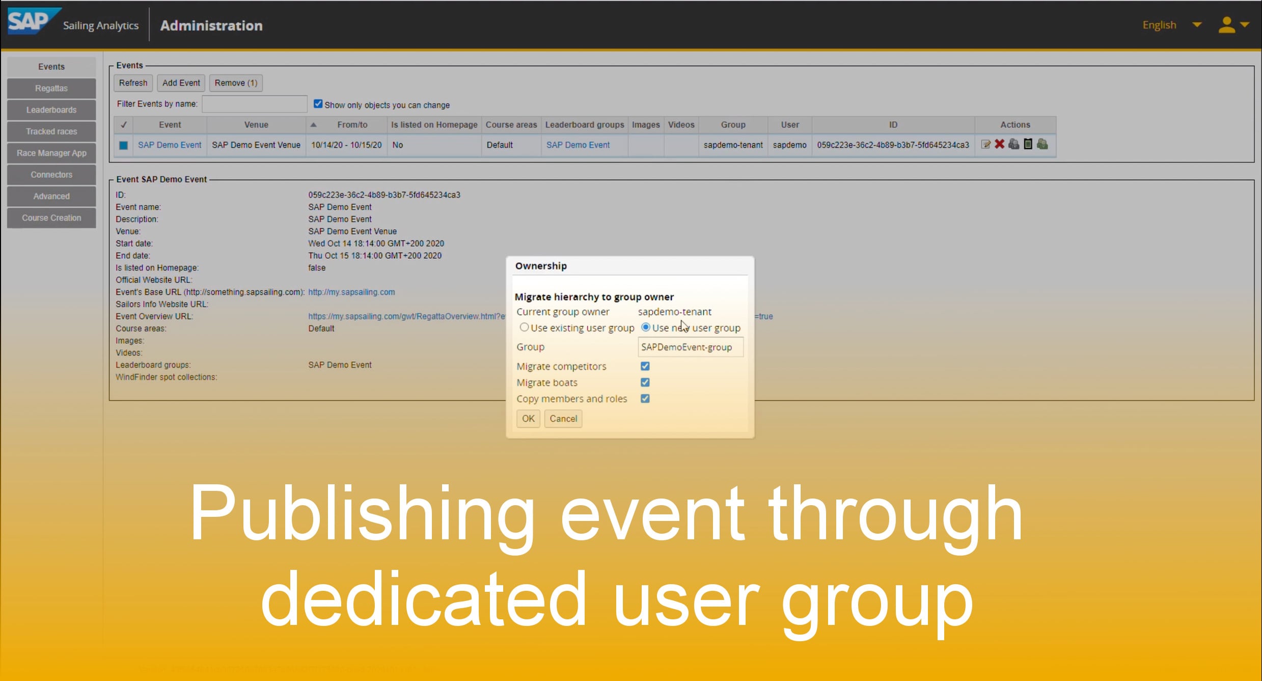 Publish an event through a dedicated user group in the SAP Sailing Analytics
