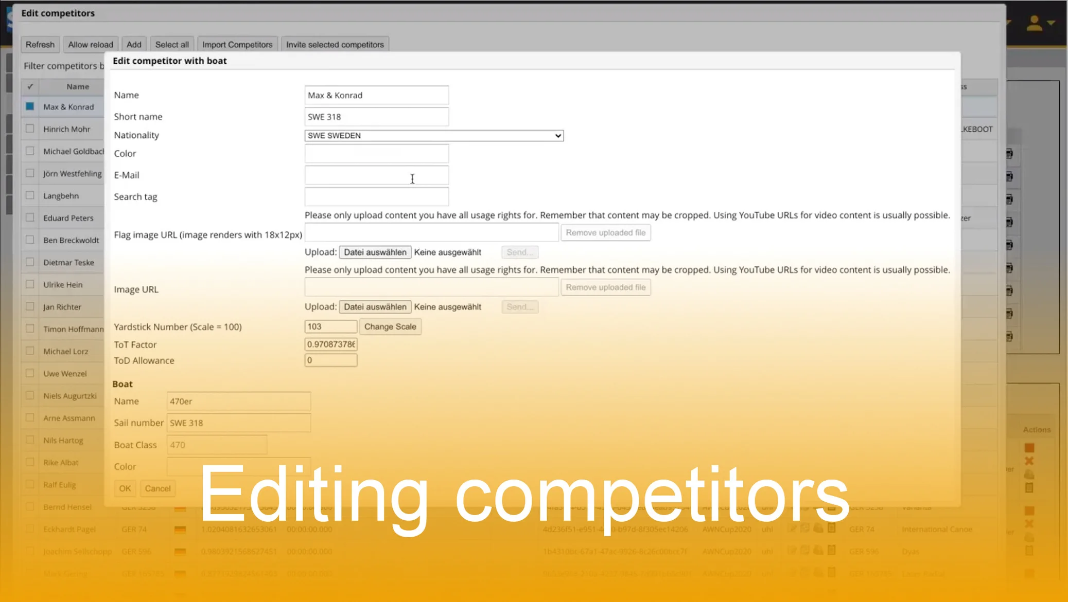 How to edit scores/results in leaderboards and change competitor data in the SAP Sailing Analytics