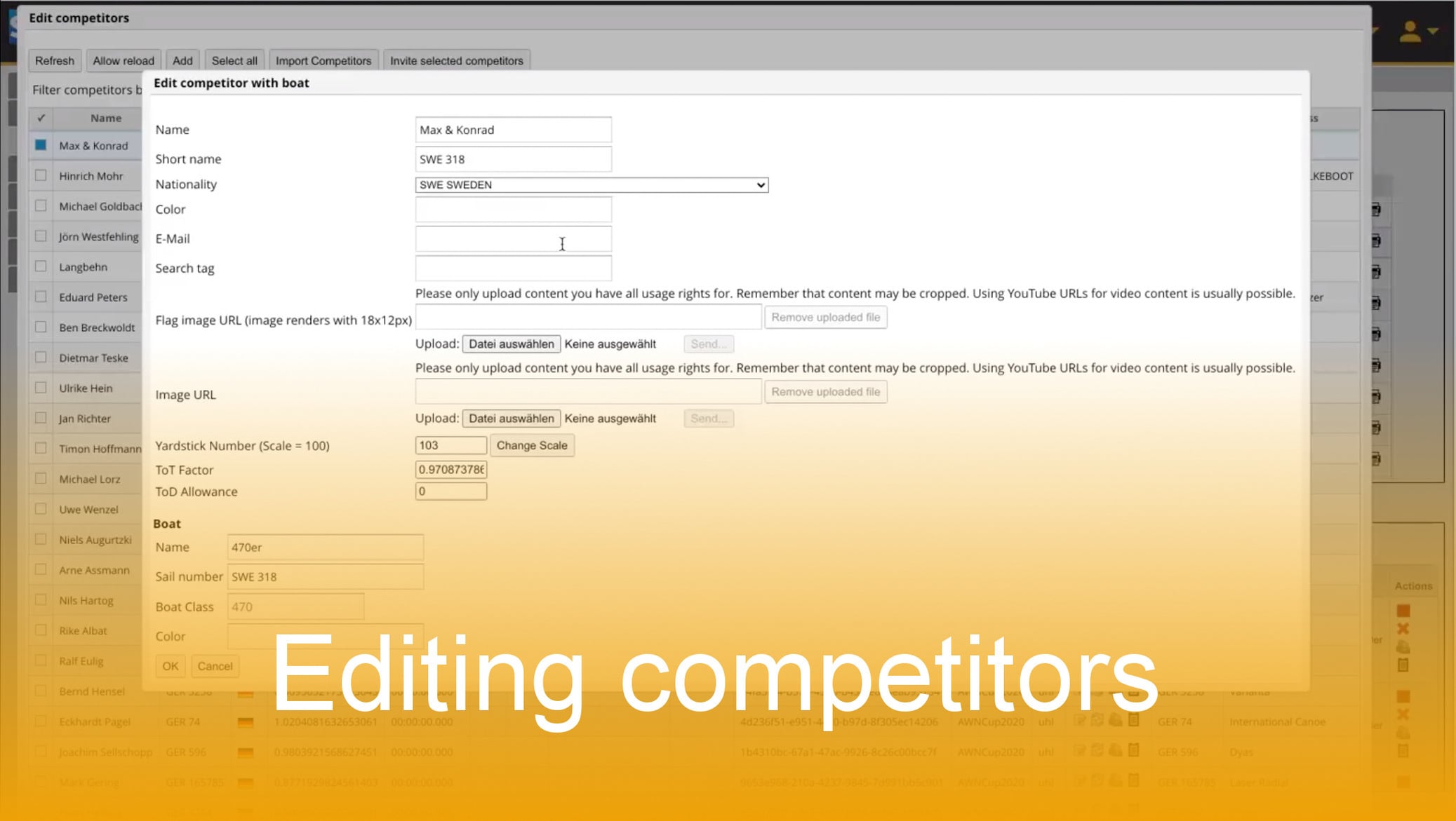 How to edit scores/results in leaderboards and change competitor data in the SAP Sailing Analytics