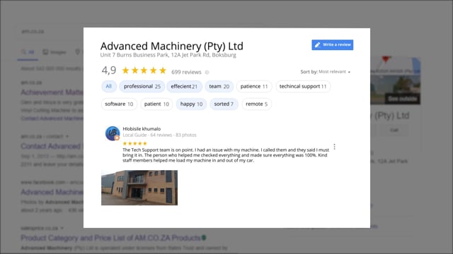 Advanced Machinery Archived 4.9 Star Rating on Google Reviews at 2020, AM.CO.ZA Achievement Matters