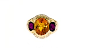 3.20 Carat Citrine and 1.40 ct. t.w. Rhodolite Garnet Ring with .16 ct. t.w. Diamonds in 14kt Yellow Gold