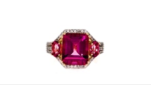 8.00 ct. t.w. Pink Topaz and .48 ct. t.w. Diamond Ring in 14kt Yellow Gold
