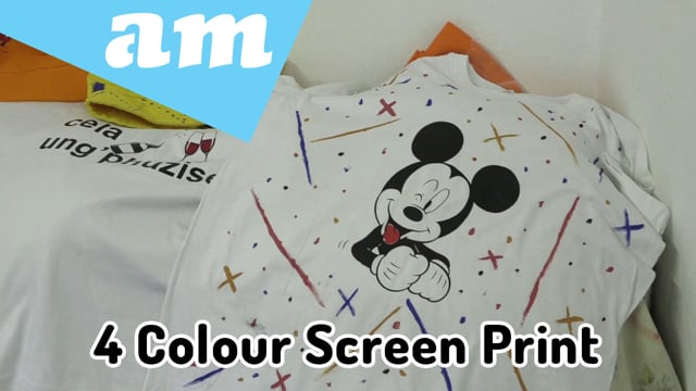 Four Colour Micky Image Screenprinted on a 4 Station Rotating Screen Printer Demonstrated