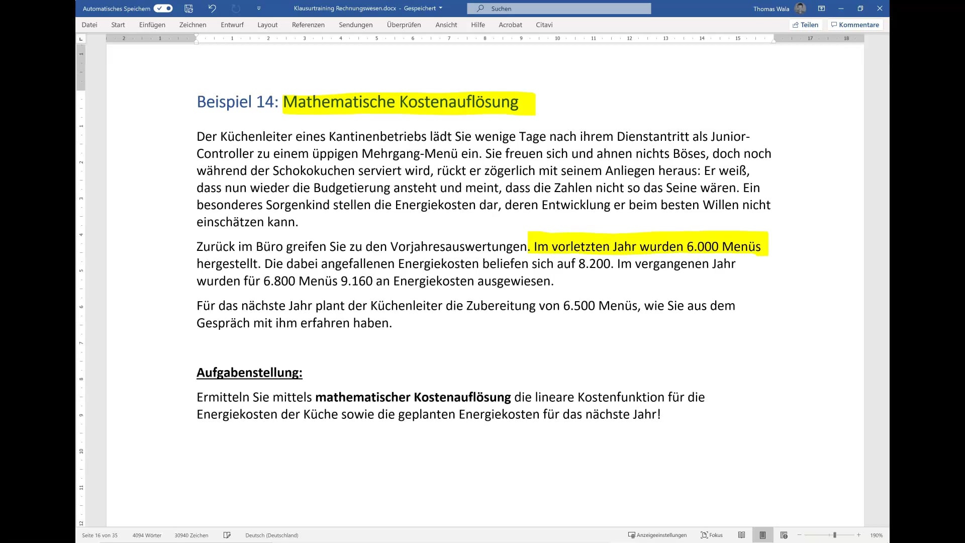 Klausurtraining Rechnungswesen. Beispiel 14: Mathematische ...