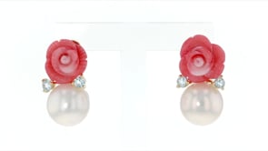 12-12.5mm Cultured Pearl, Pink Coral and .50 ct. t.w. Blue Topaz Rose Earrings in 14kt Gold Over Sterling